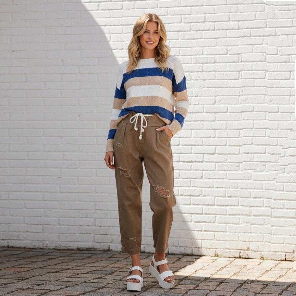 Distressed cotton twill pants - Mocha color, drawstring, elasticated waistband